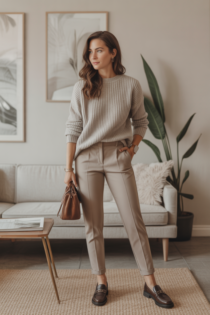 Knit Sweater + Slim Trousers For Cozy Professionalism