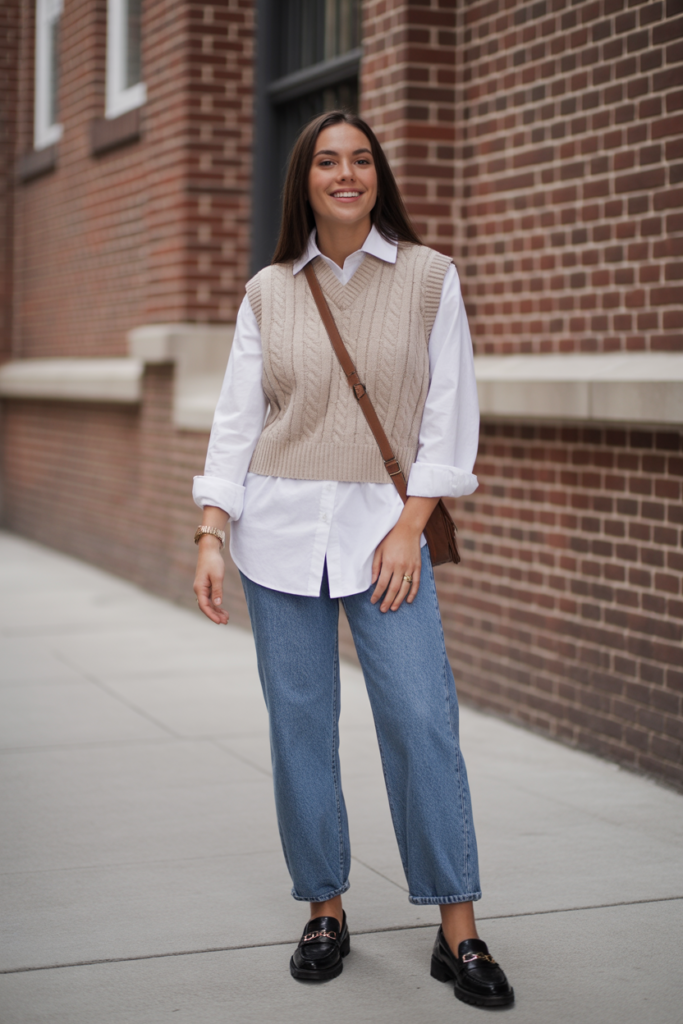 Knit Vest + White Shirt + Jeans