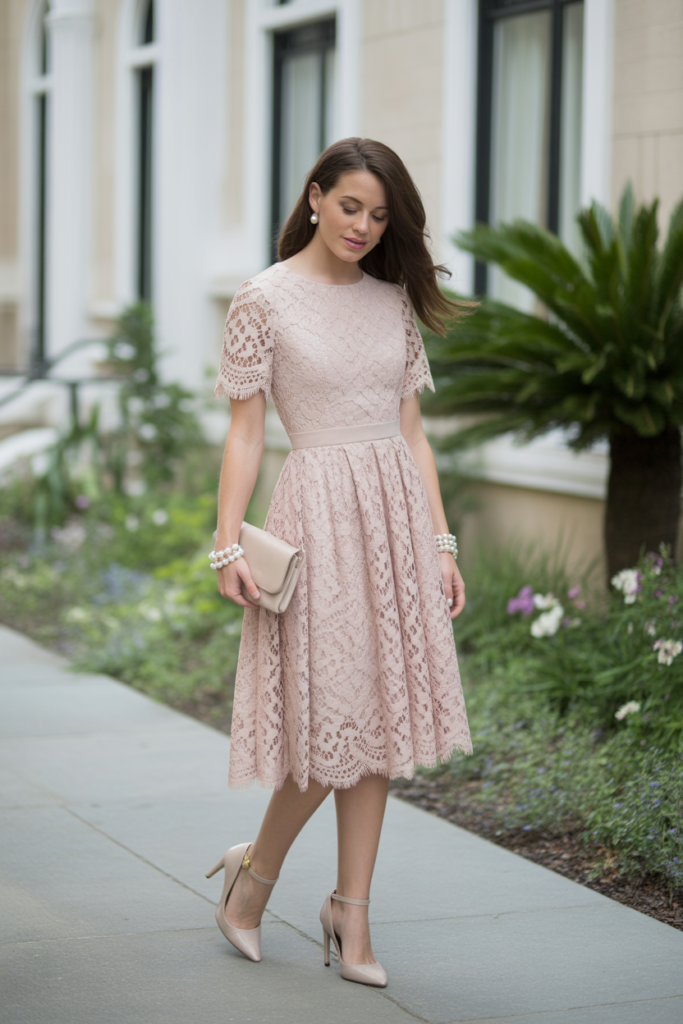 Lace Dress With Neutral Heels
