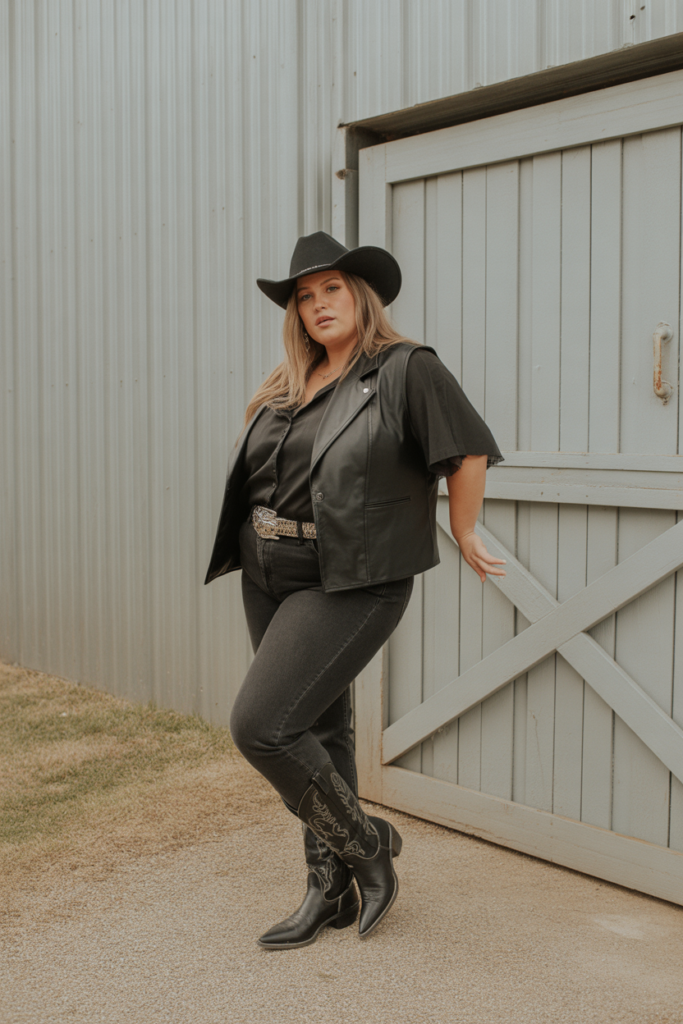 Leather Vest + Dark Denim For Edgy Cowgirl Style