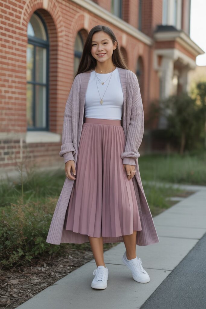 Long Cardigan + Midi Skirt