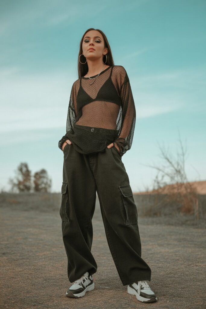 Mesh Top + Cargo Pants For A Grunge Vibe