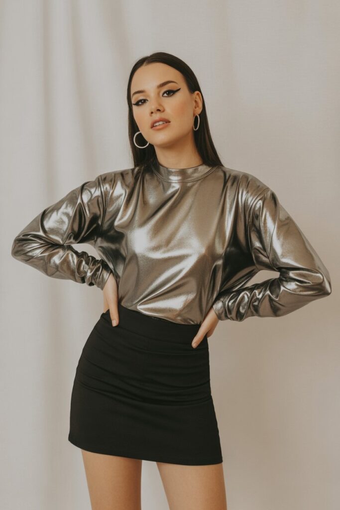 Metallic Top + Black Skirt