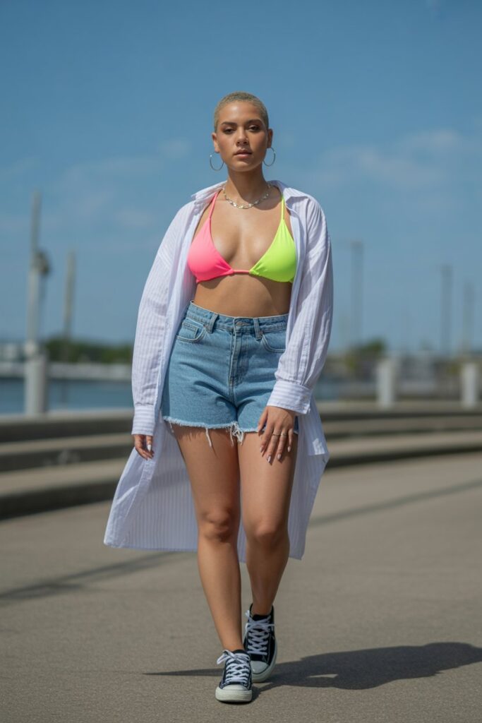 Neon Bikini + Sheer Button-Up Shirt