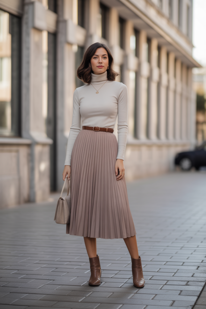 Neutral Turtleneck + Pleated Skirt