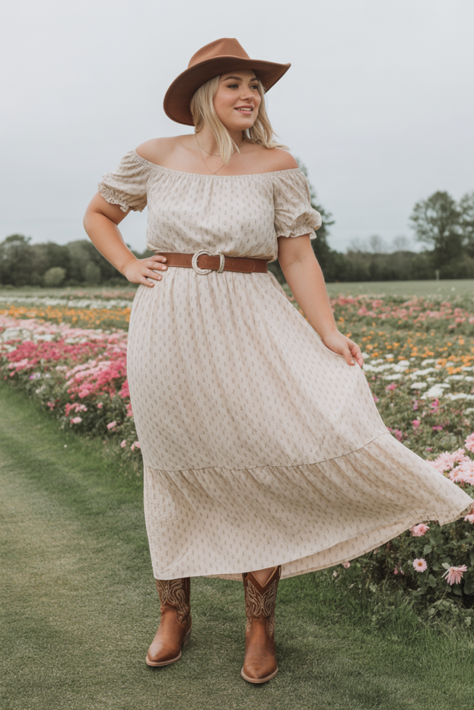Off-Shoulder Maxi Dress + Cowboy Boots For Romantic Vibes