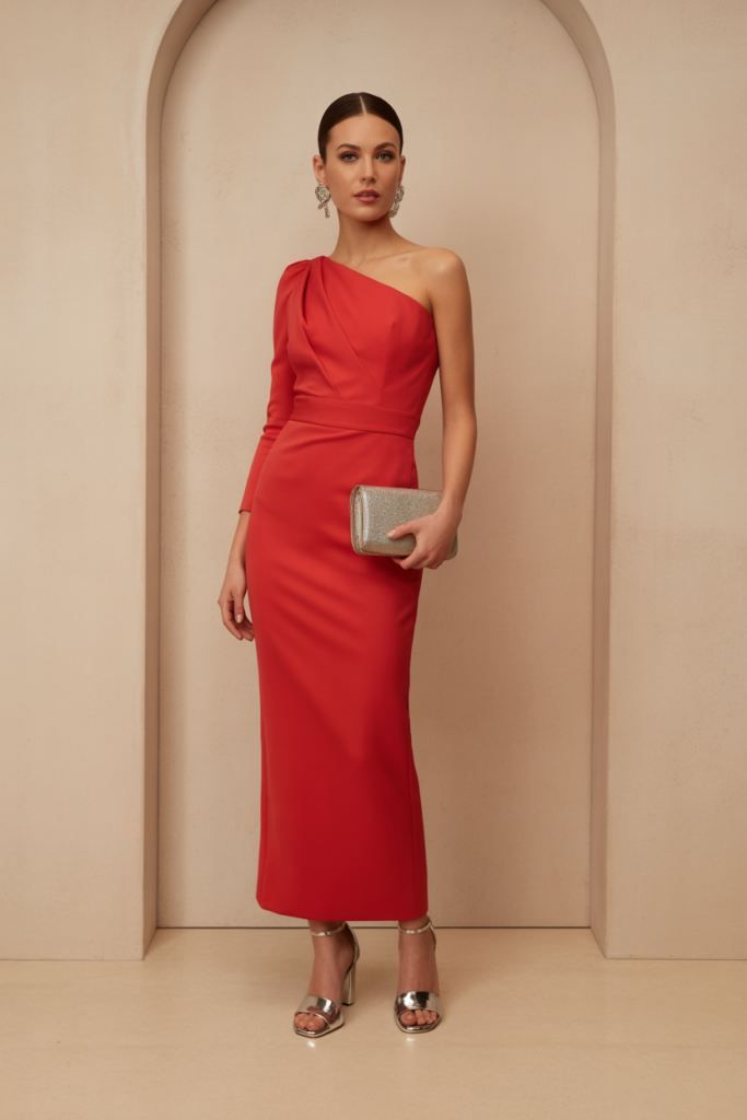 One-Shoulder Dress With Metallic Accessories
