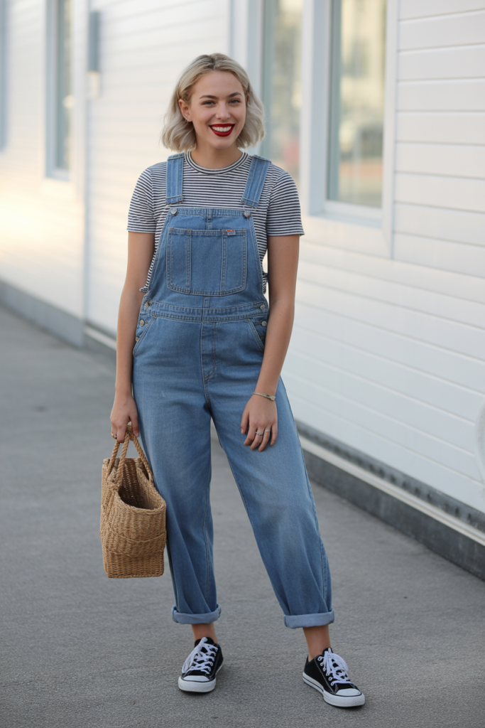 Overalls + Striped Tee