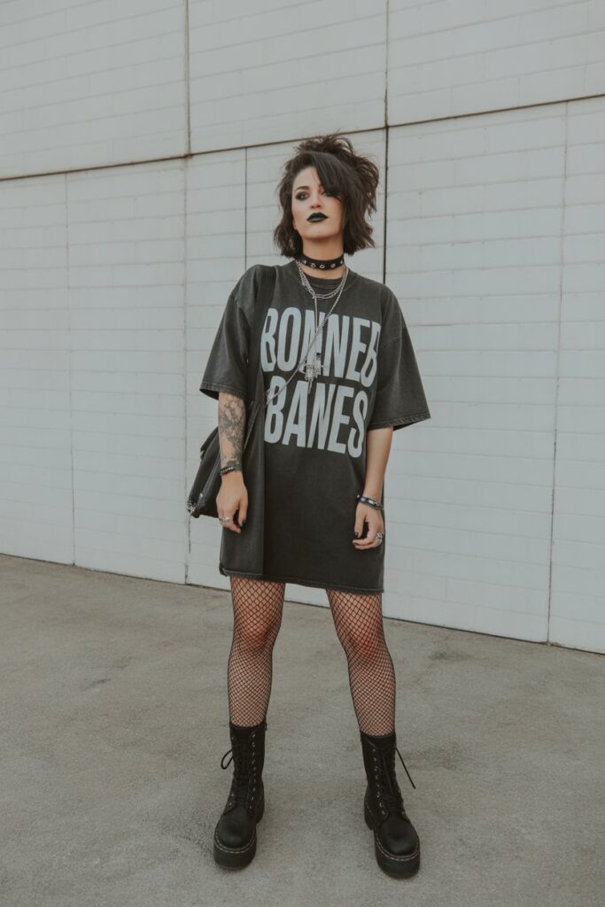 Oversized Band Tee + Fishnets + Combat Boots