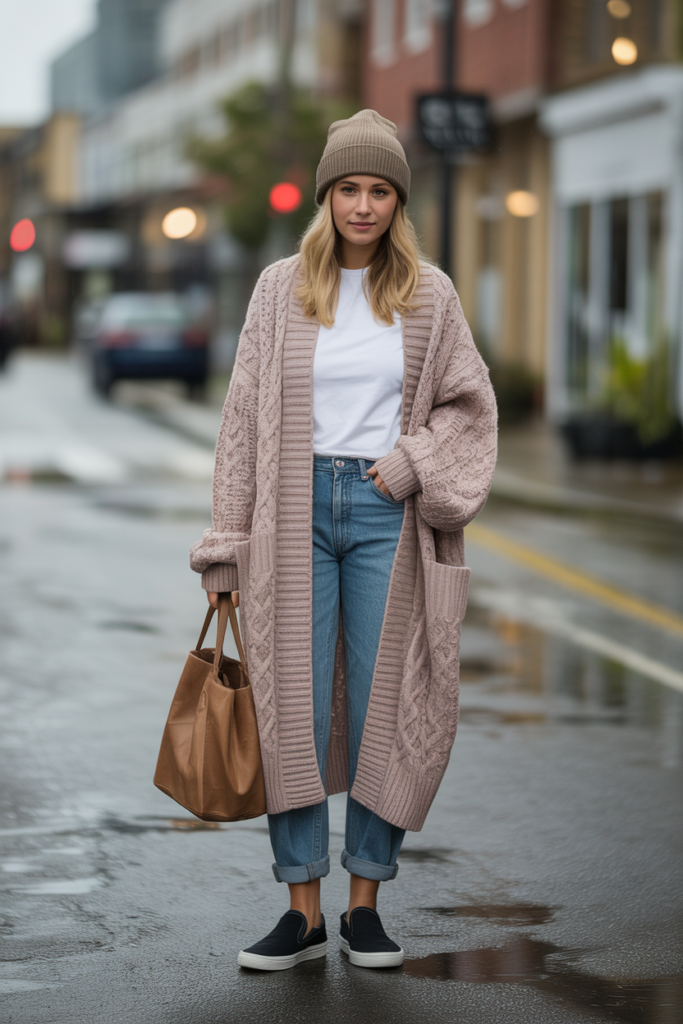 Oversized Cardigan + Jeans + Slip-On Shoes