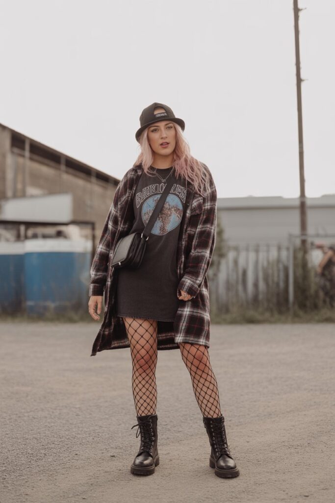 Oversized Flannel + Band Tee Dress