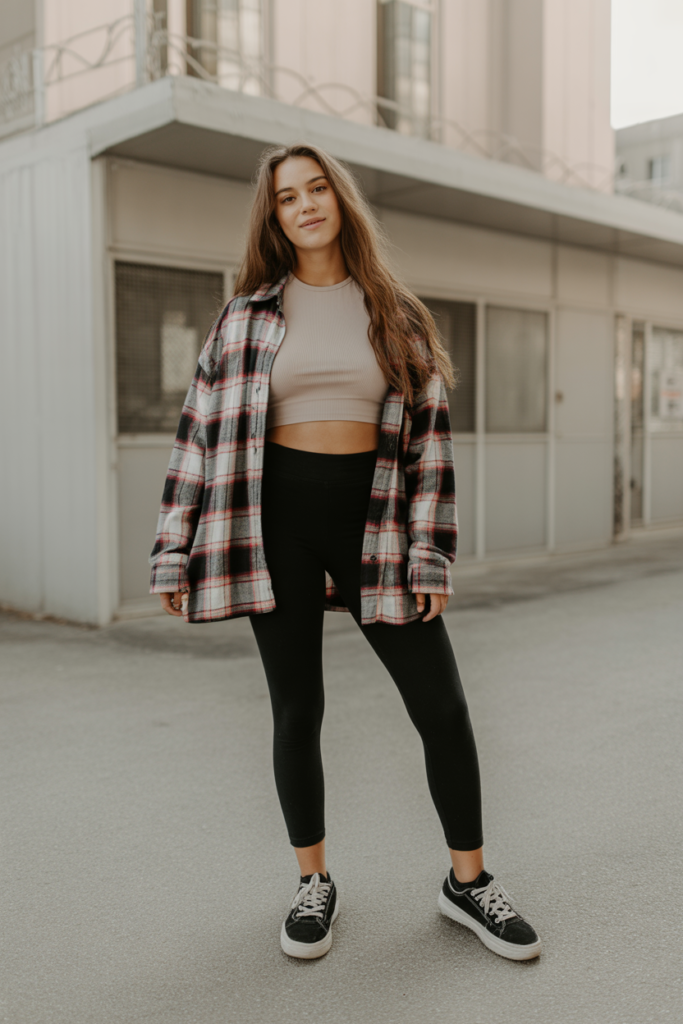 Oversized Flannel + Crop Tank + Leggings