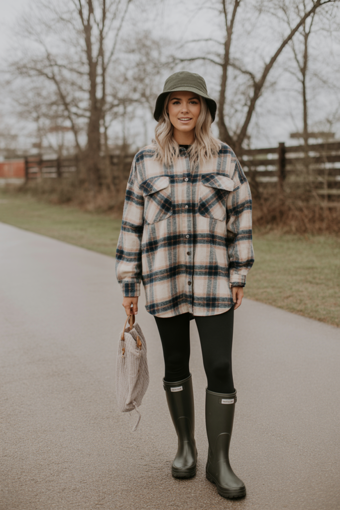 Oversized Flannel + Leggings + Rain Boots