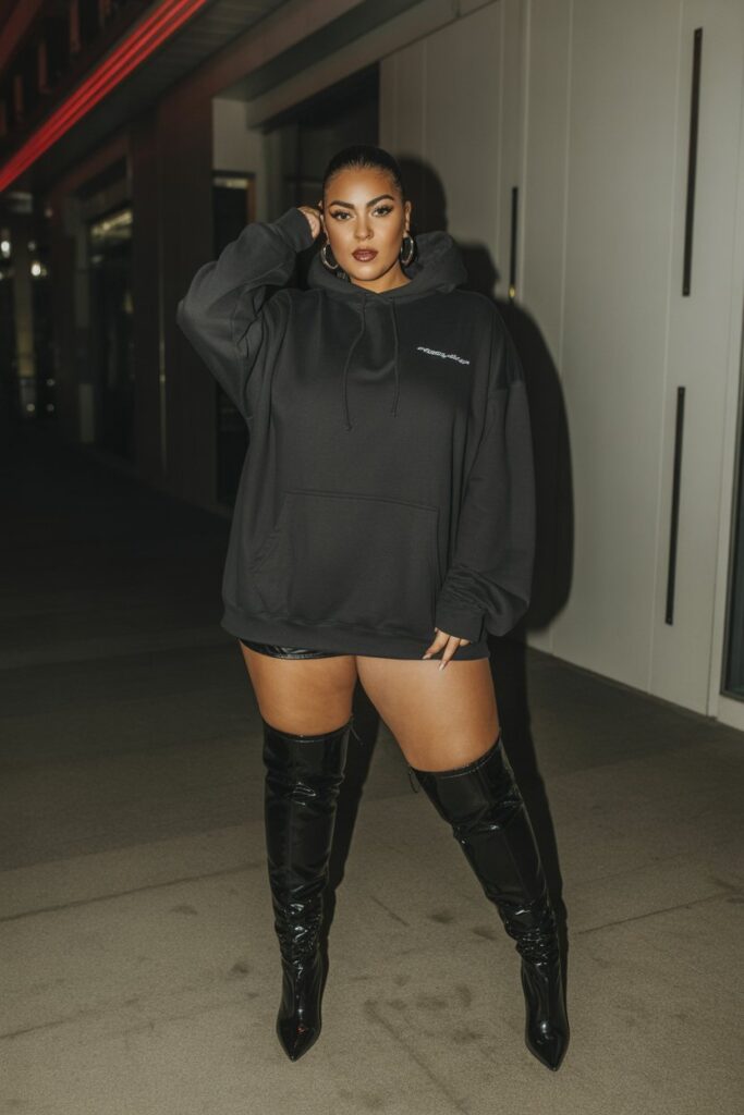 Oversized Hoodie + Thigh-High Boots