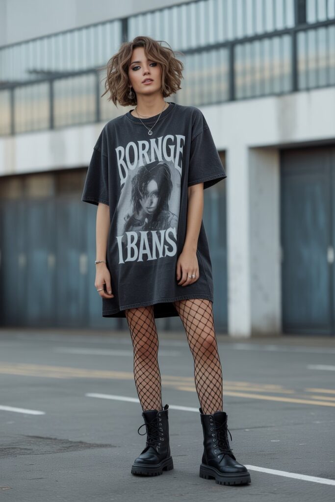 Oversized Tee Dress + Fishnet Tights