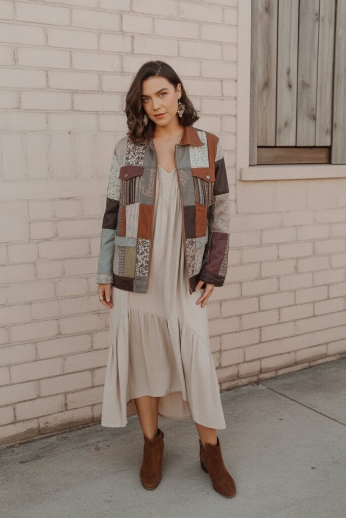 Patchwork Jacket With Neutral Dress