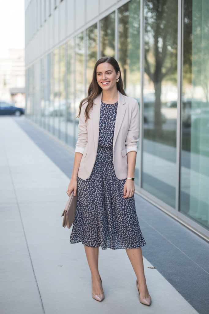 Patterned Dress + Solid Blazer For Balanced Style