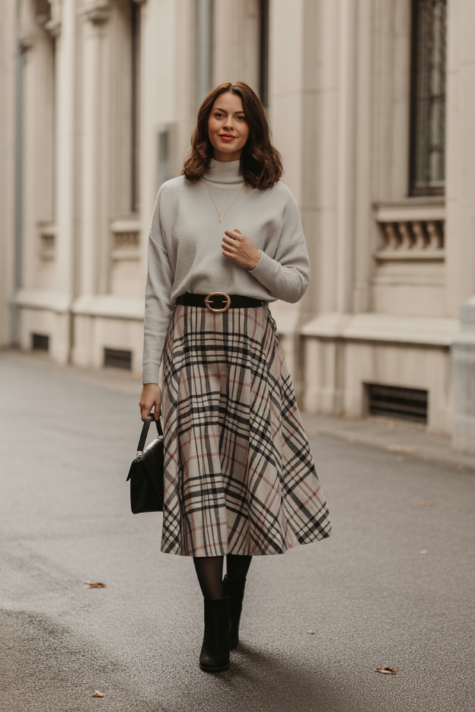 Plaid Midi Skirt + Fitted Sweater