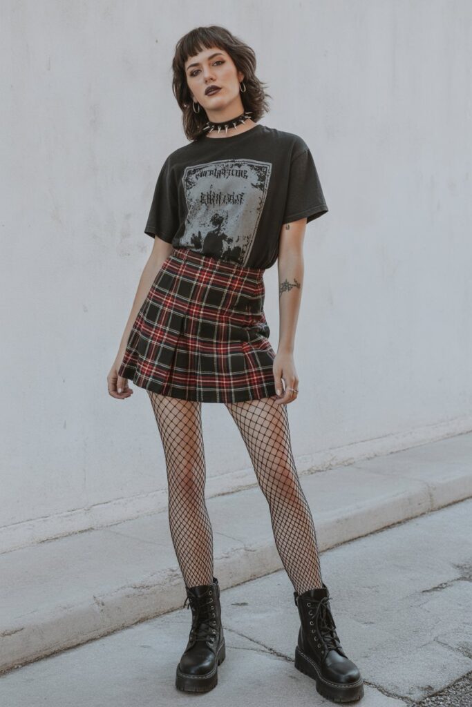 . Plaid Mini Skirt + Graphic Tee