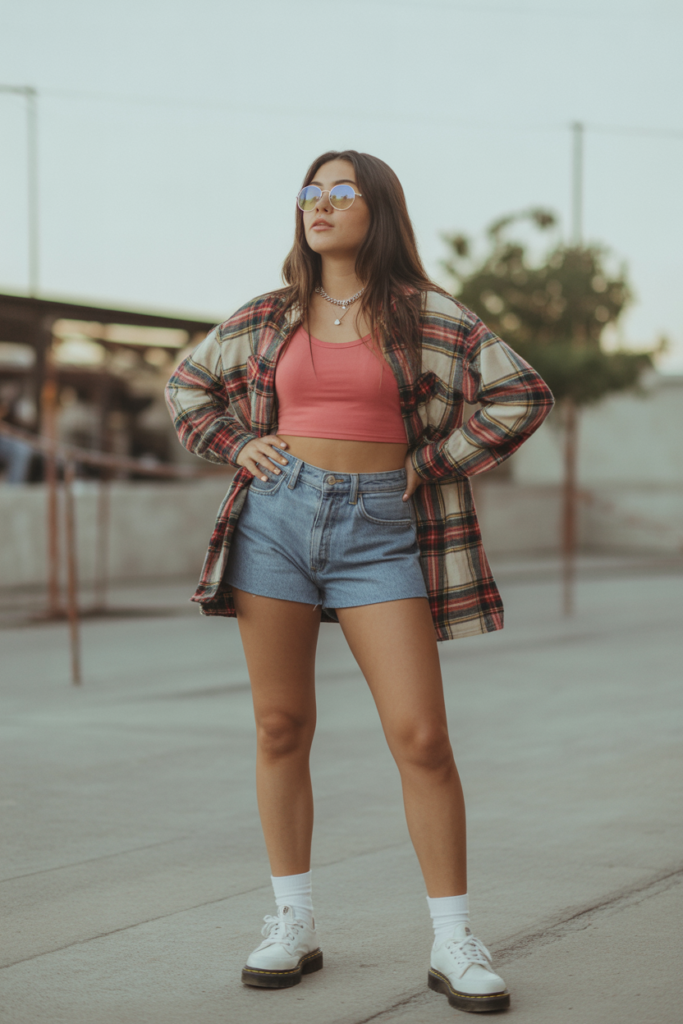 Plaid Shirt + Crop Top + Shorts