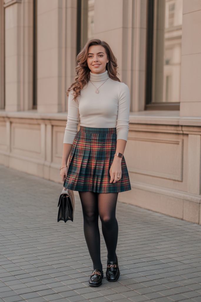 Plaid Skirt + Turtleneck + Loafers