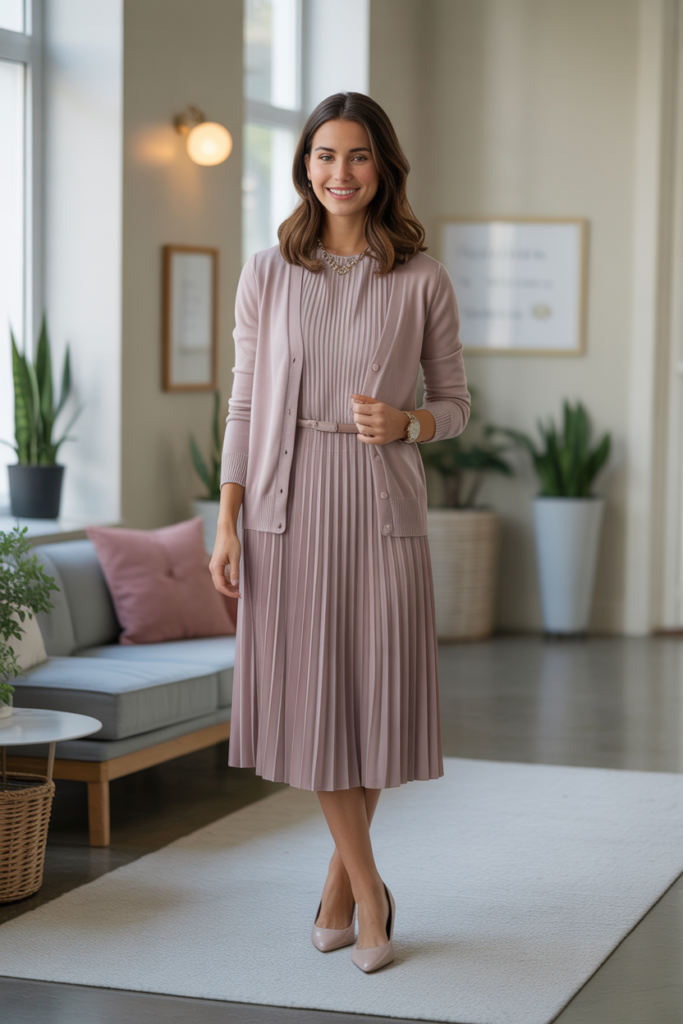 Pleated Dress + Cardigan For Soft Professionalism