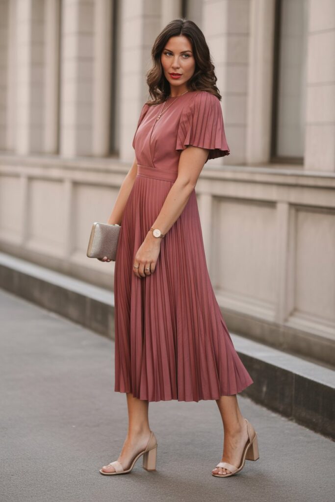 Pleated Midi Dress With Block Heels