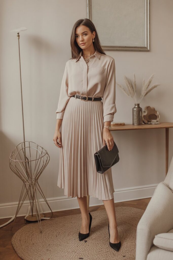 Pleated Midi Skirt + Blouse