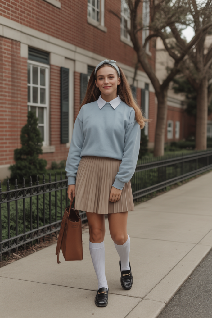 Pleated Skirt + Crewneck Sweater
