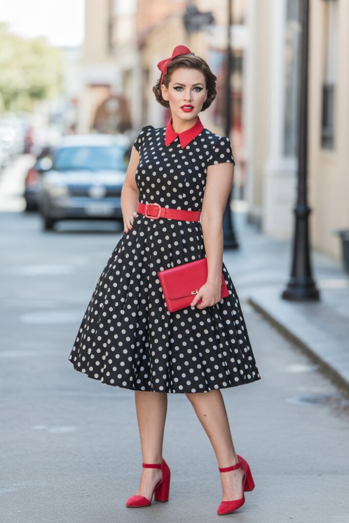 Polka Dot Dress With Red Accessories