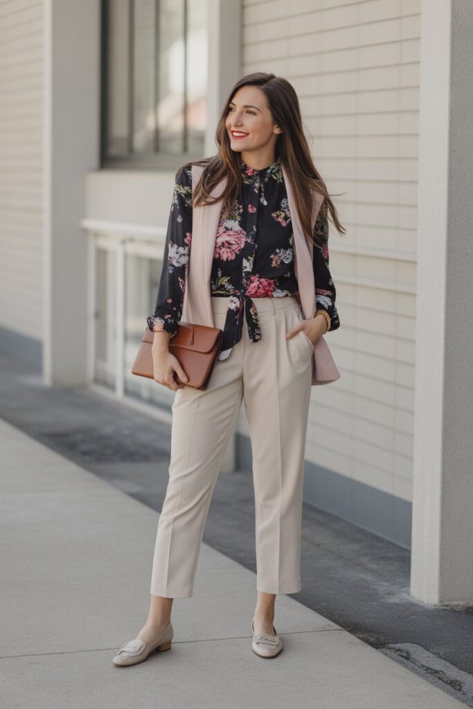Printed Blouse + Neutral Pants