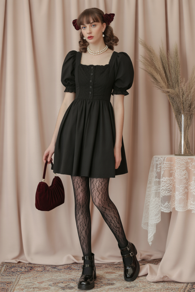Puff-Sleeve Dress + Lace Tights
