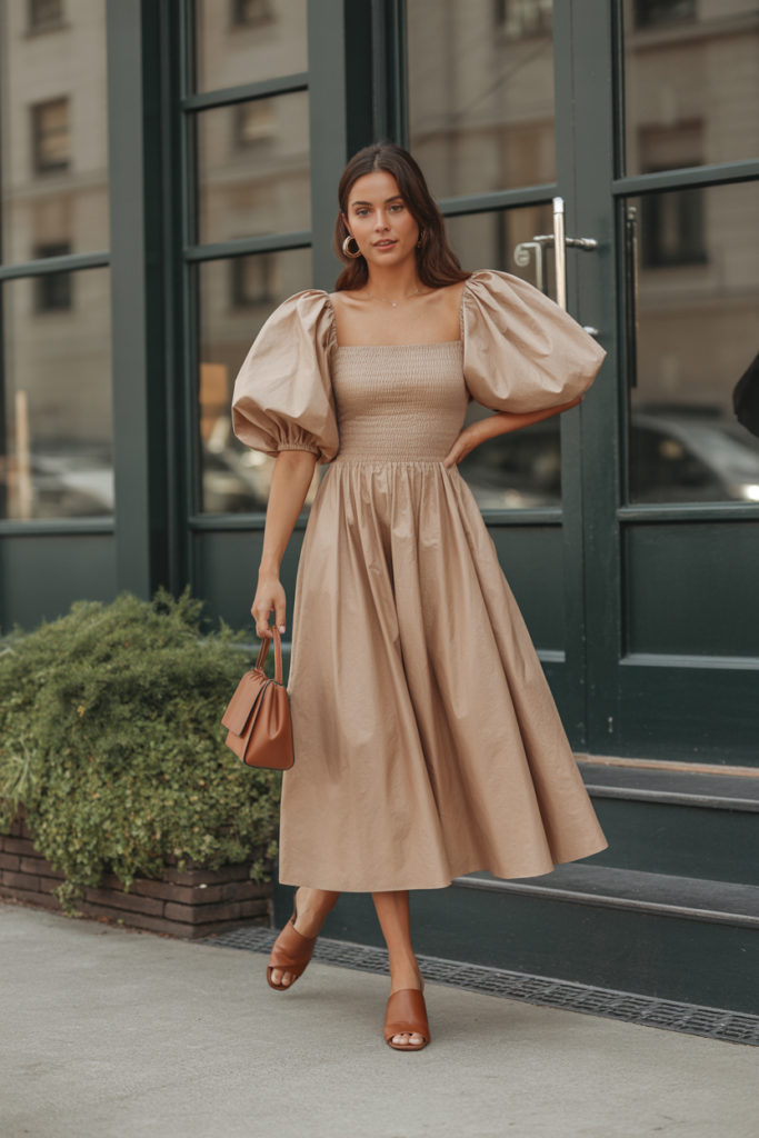 Puff-Sleeve Dress With Mules
