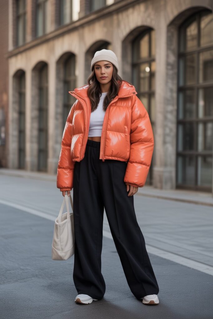 Puffer Jacket + Wide-Leg Pants