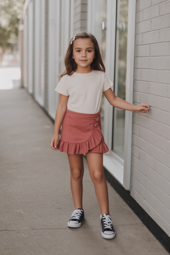 Ruffle Skirt + Basic Tee + Sneakers
