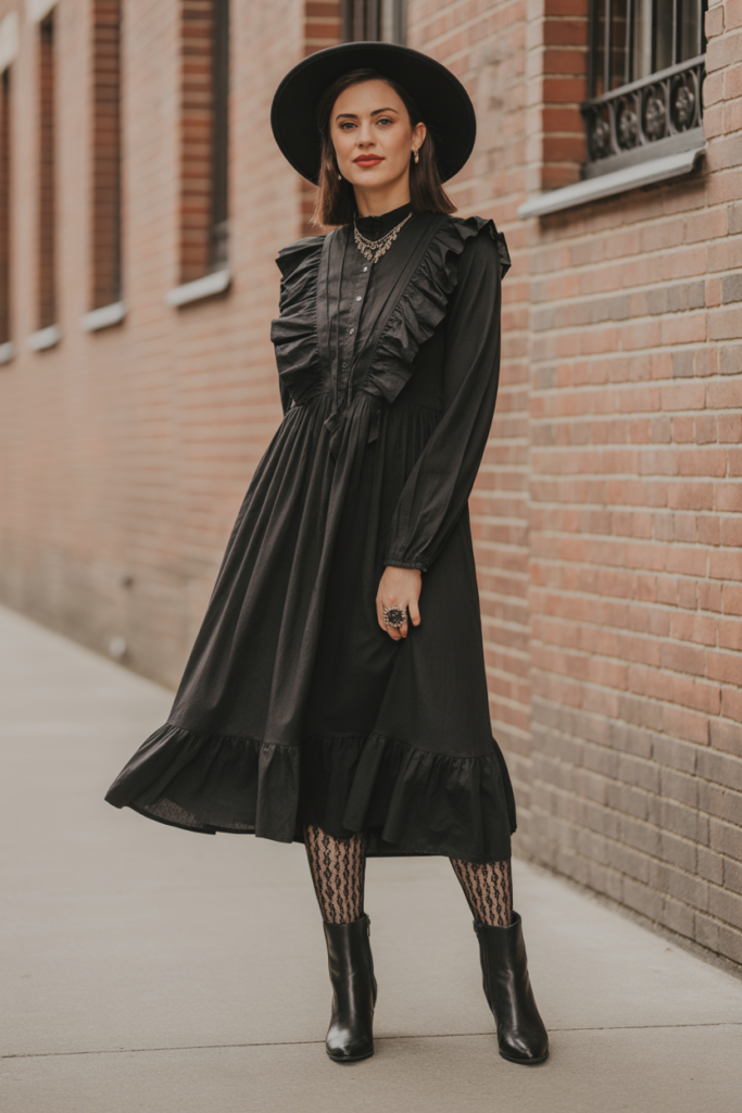 Ruffled Midi Dress + Wide Brim Hat