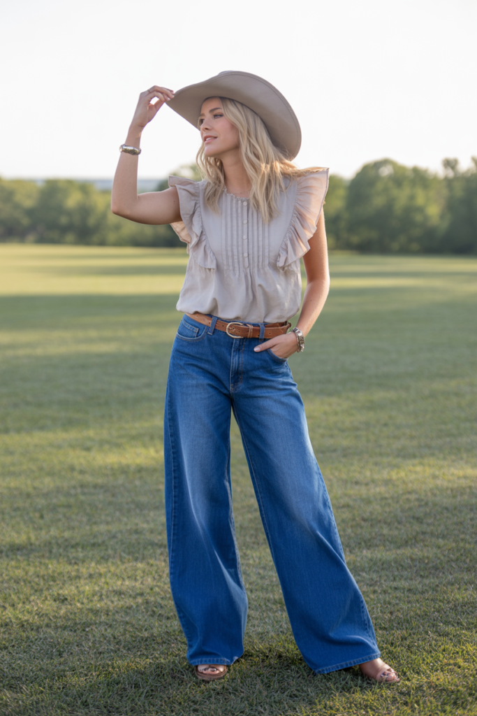 Ruffled Top + Wide-Leg Jeans