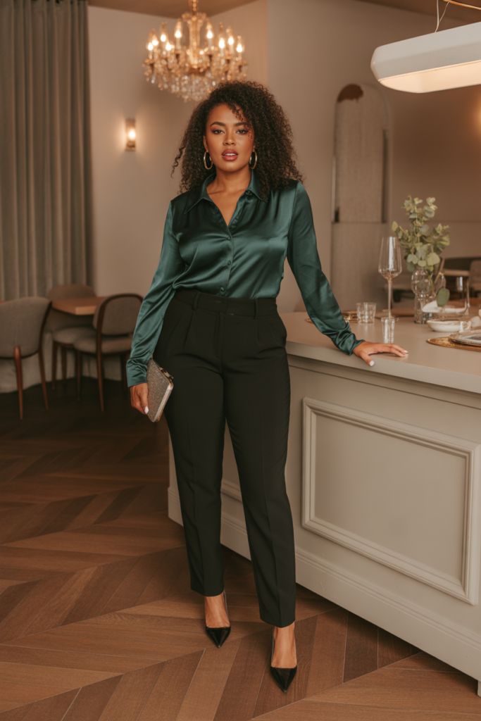 Satin Blouse + Tailored Trousers For Evening Glam