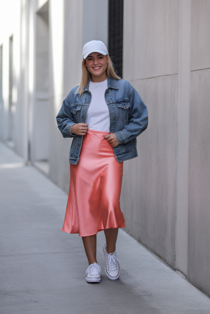 Satin Skirt + Casual Tee & Sneakers