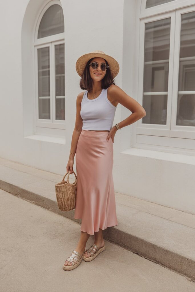 Satin Skirt + Knit Tank
