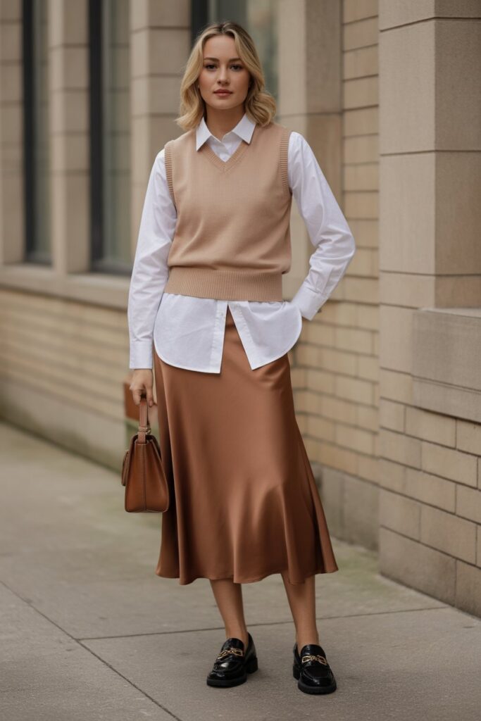 Satin Skirt + Knit Vest