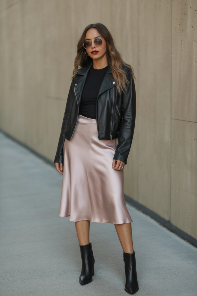 Satin Skirt + Leather Jacket