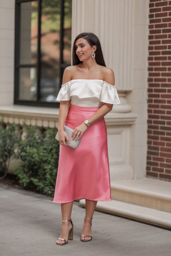 Satin Skirt + Off-Shoulder Top