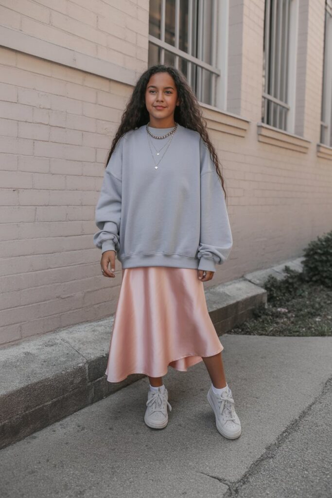 Satin Skirt + Oversized Sweatshirt