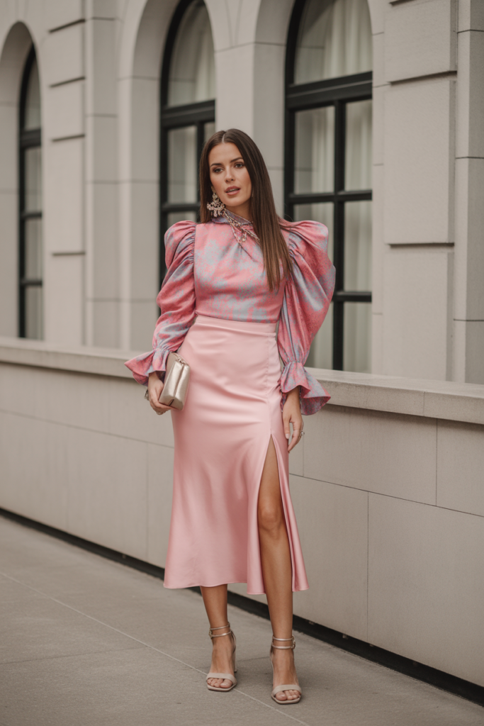 Satin Skirt + Statement Blouse