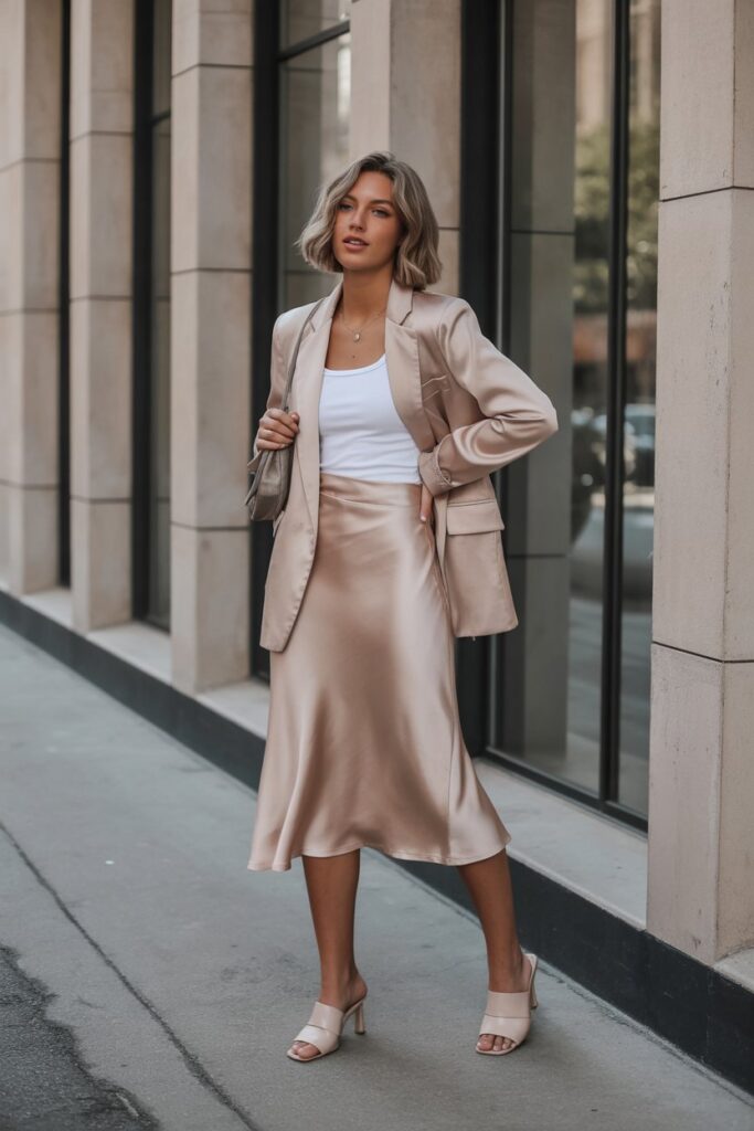 Satin Skirt + Tank Top & Blazer