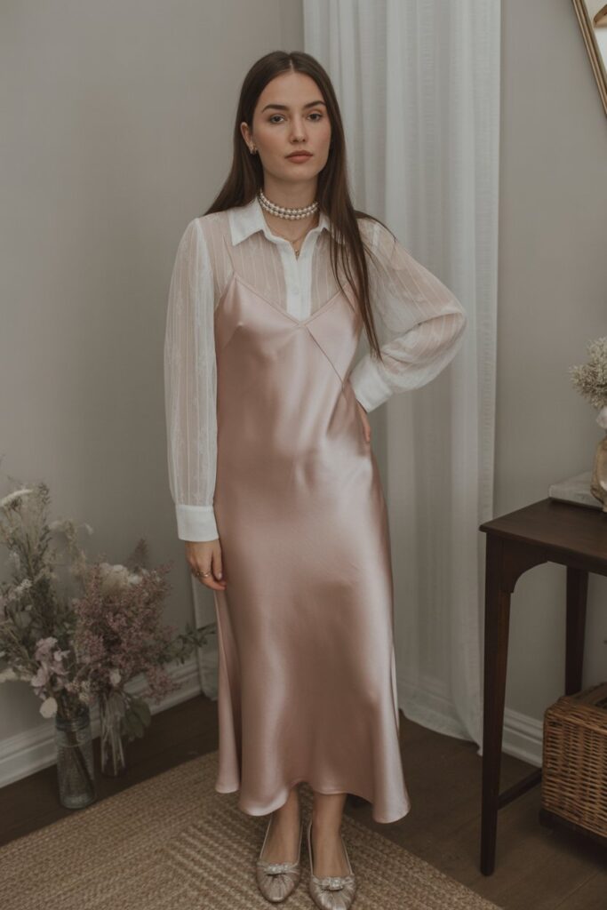 Satin Slip Dress + Sheer Blouse Layering