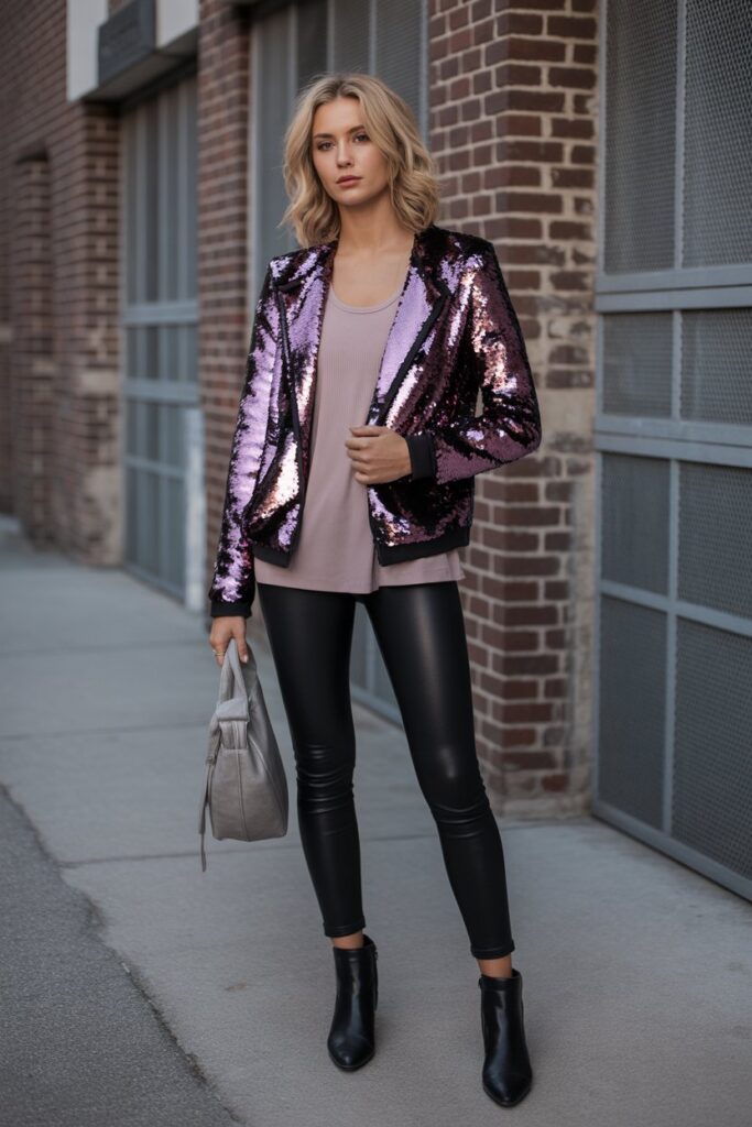 Sequin Jacket + Leather Leggings