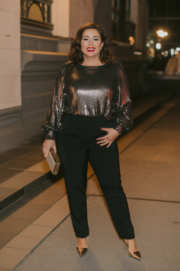 Sequin Top + Black Trousers For Party Glam