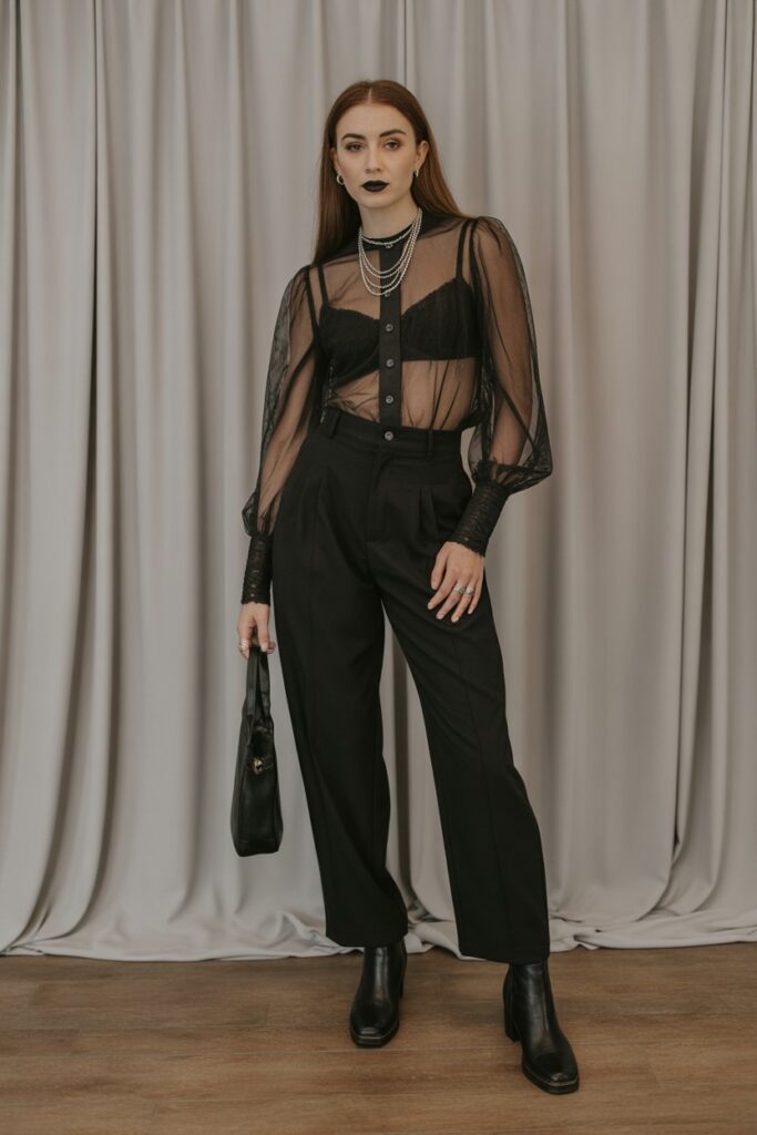 Sheer Blouse + High-Waist Trousers